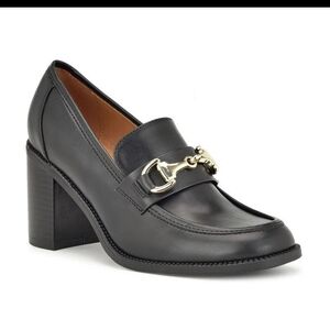 Black Leather Block Heel Loafer with Gold Bit Accent